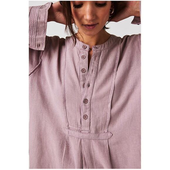 Free People Edge Washed Pure Cotton Flowing Half Button Blouse - Picture 5 of 13